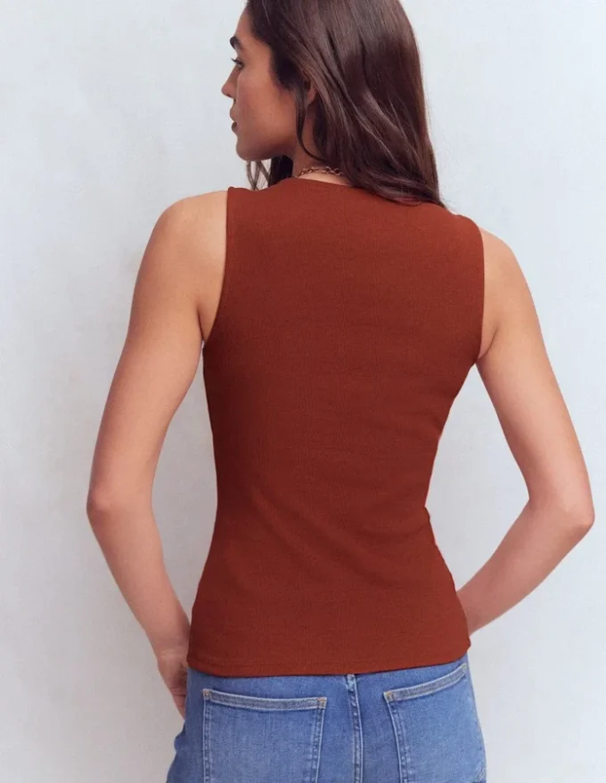 Evie Button Through Rib Vest Burnt Orange Evie Button Through Rib Vest Burnt Orange