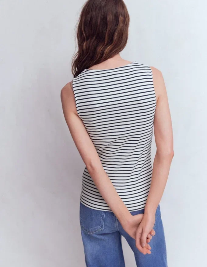 Evie Button Through Rib Vest Ivory, Navy Stripe Evie Button Through Rib Vest Ivory, Navy Stripe