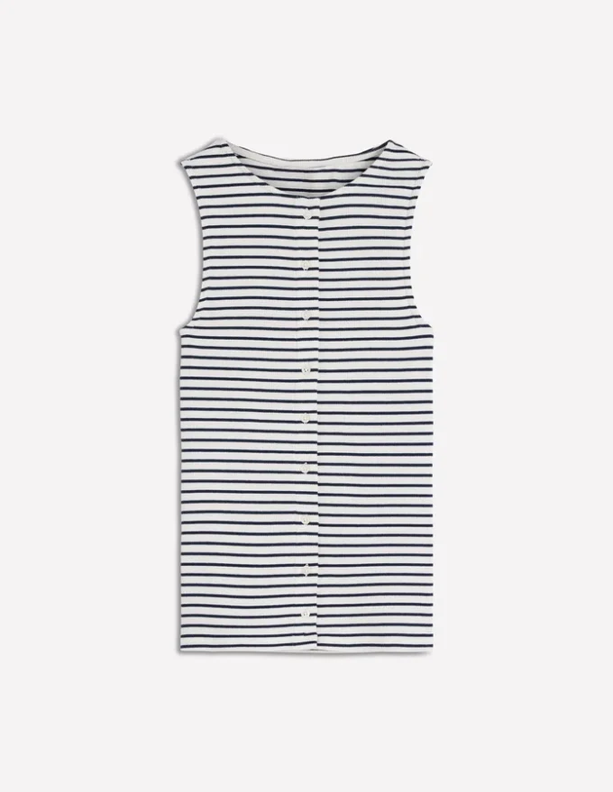 Evie Button Through Rib Vest Ivory, Navy Stripe Evie Button Through Rib Vest Ivory, Navy Stripe