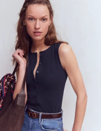 Evie Button Through Rib Vest Navy