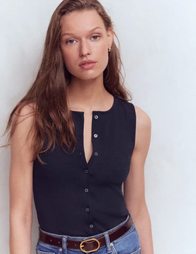 Evie Button Through Rib Vest Navy Evie Button Through Rib Vest Navy