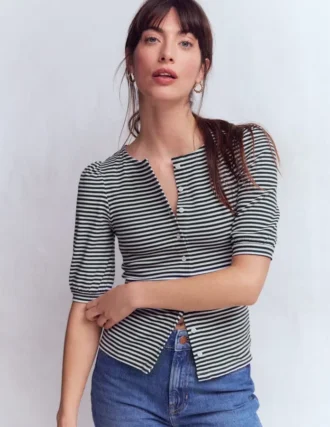 Evie Ribbed Puff Sleeve Top Ivory, Navy Stripe