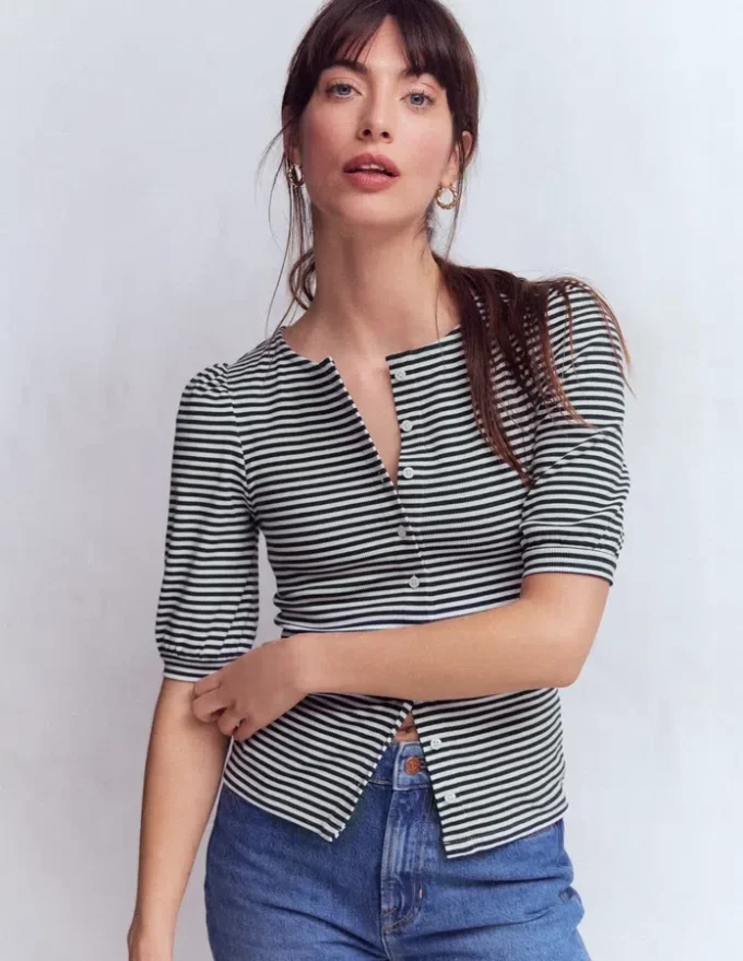 Evie Ribbed Puff Sleeve Top Ivory, Navy Stripe Evie Ribbed Puff Sleeve Top Ivory, Navy Stripe