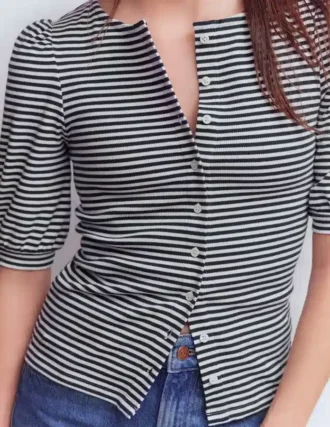 Evie Ribbed Puff Sleeve Top Ivory, Navy Stripe