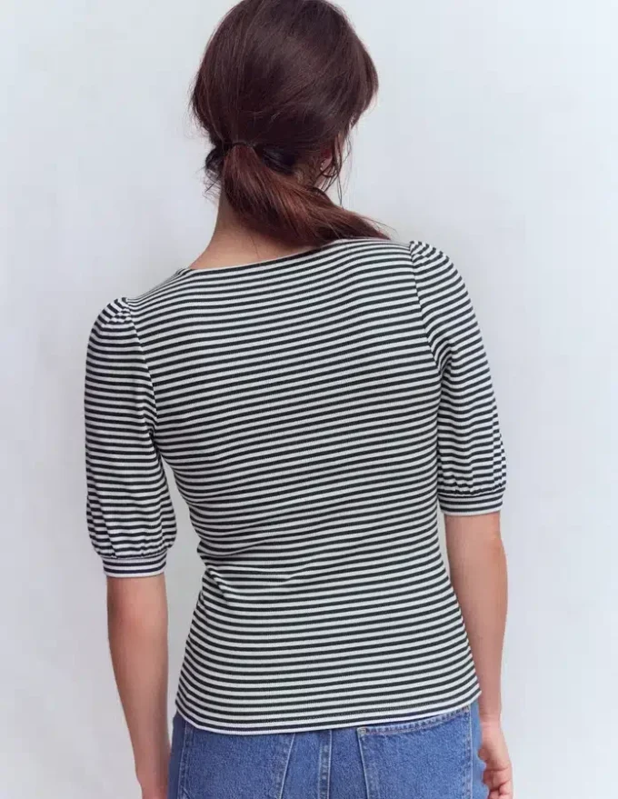 Evie Ribbed Puff Sleeve Top Ivory, Navy Stripe Evie Ribbed Puff Sleeve Top Ivory, Navy Stripe
