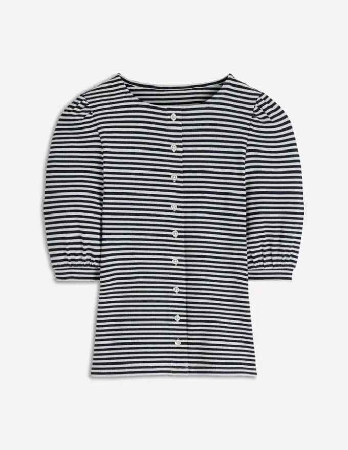 Evie Ribbed Puff Sleeve Top Ivory, Navy Stripe Evie Ribbed Puff Sleeve Top Ivory, Navy Stripe