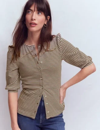 Evie Ribbed Puff Sleeve Top Potting Soil, Ivory Stripe