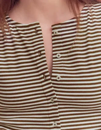 Evie Ribbed Puff Sleeve Top Potting Soil, Ivory Stripe