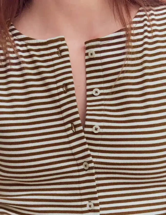 Evie Ribbed Puff Sleeve Top Potting Soil, Ivory Stripe Evie Ribbed Puff Sleeve Top Potting Soil, Ivory Stripe