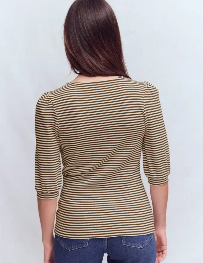 Evie Ribbed Puff Sleeve Top Potting Soil, Ivory Stripe Evie Ribbed Puff Sleeve Top Potting Soil, Ivory Stripe