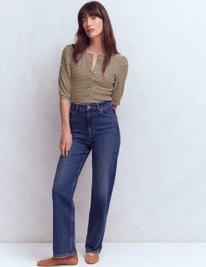 Evie Ribbed Puff Sleeve Top Potting Soil, Ivory Stripe Evie Ribbed Puff Sleeve Top Potting Soil, Ivory Stripe