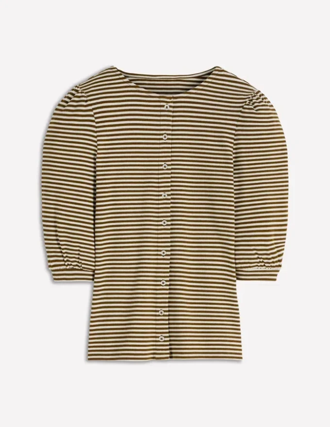 Evie Ribbed Puff Sleeve Top Potting Soil, Ivory Stripe Evie Ribbed Puff Sleeve Top Potting Soil, Ivory Stripe