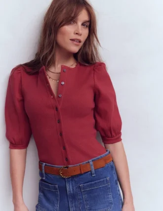 Evie Ribbed Puff Sleeve Top Terracotta Red