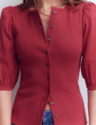 Evie Ribbed Puff Sleeve Top Terracotta Red
