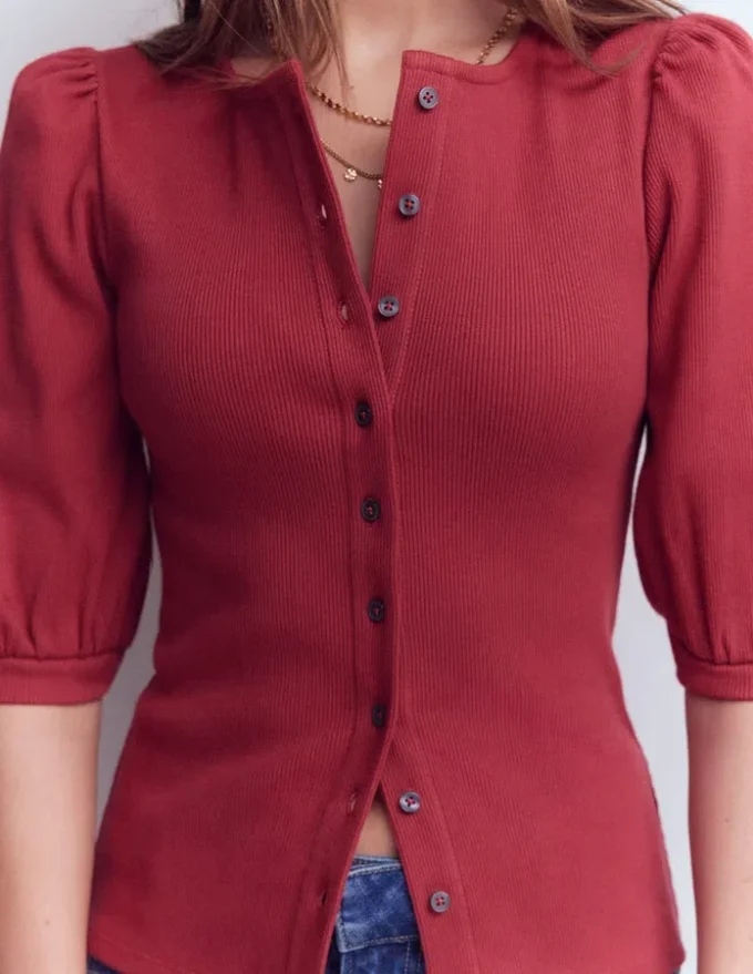 Evie Ribbed Puff Sleeve Top Terracotta Red Evie Ribbed Puff Sleeve Top Terracotta Red