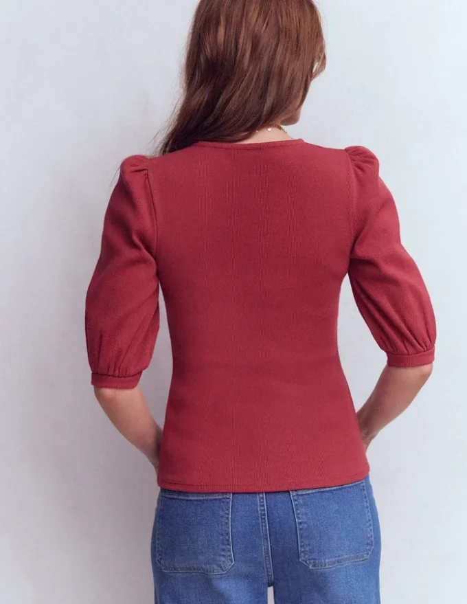 Evie Ribbed Puff Sleeve Top Terracotta Red Evie Ribbed Puff Sleeve Top Terracotta Red