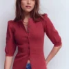 Evie Ribbed Puff Sleeve Top Terracotta Red Evie Ribbed Puff Sleeve Top Terracotta Red