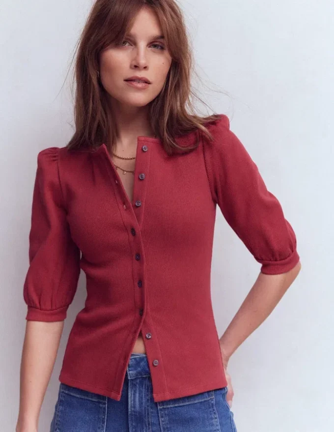 Evie Ribbed Puff Sleeve Top Terracotta Red Evie Ribbed Puff Sleeve Top Terracotta Red