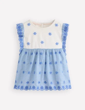 Fabric Mix Broderie Top Blue Ticking