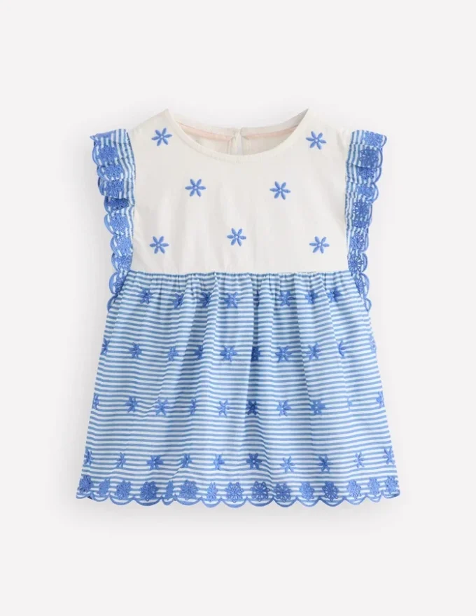 Fabric Mix Broderie Top Blue Ticking