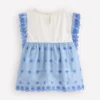 Fabric Mix Broderie Top Blue Ticking
