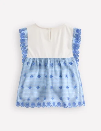 Fabric Mix Broderie Top Blue Ticking