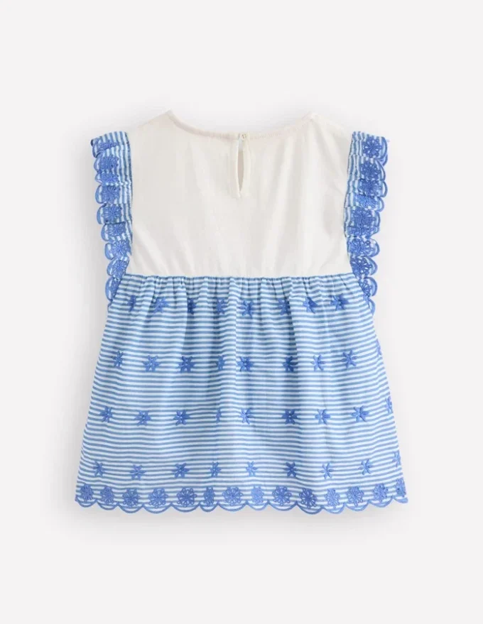Fabric Mix Broderie Top Blue Ticking