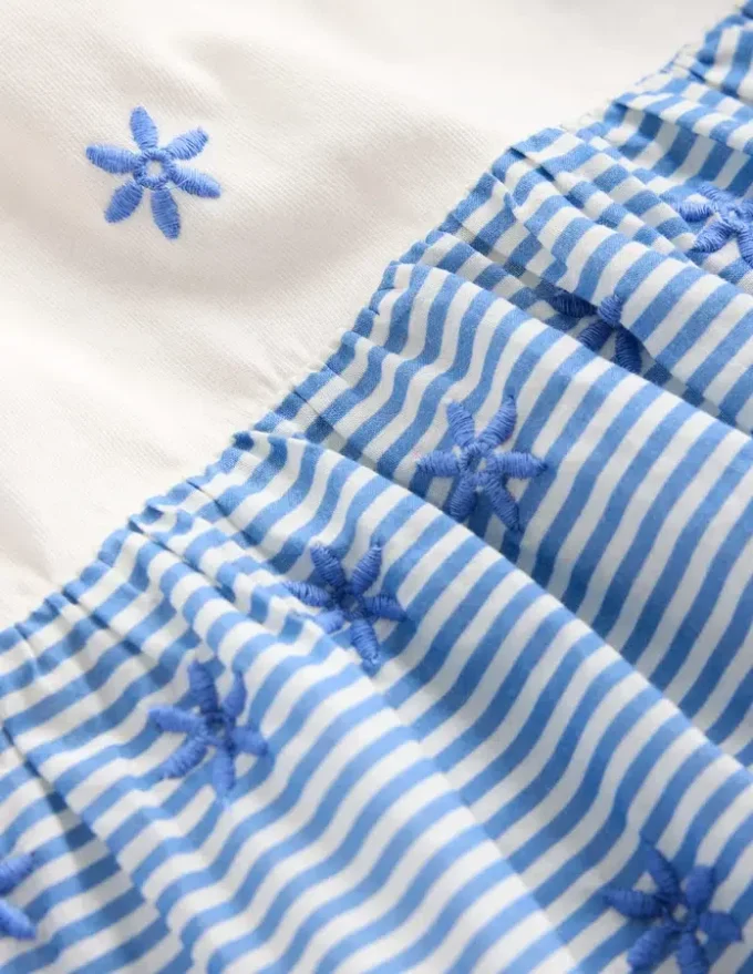 Fabric Mix Broderie Top Blue Ticking