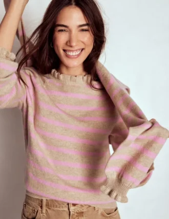 Fae Fair Isle Frilled Sweater Camel, Pink Stripe