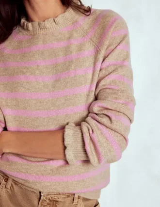 Fae Fair Isle Frilled Sweater Camel, Pink Stripe