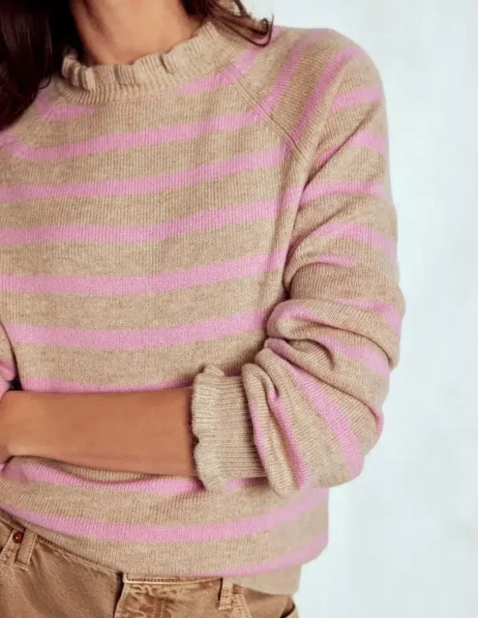 Fae Fair Isle Frilled Sweater Camel, Pink Stripe Fae Fair Isle Frilled Sweater Camel, Pink Stripe