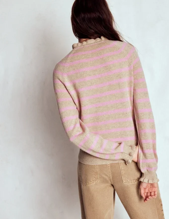 Fae Fair Isle Frilled Sweater Camel, Pink Stripe Fae Fair Isle Frilled Sweater Camel, Pink Stripe