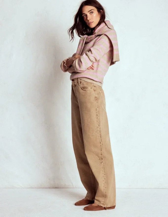 Fae Fair Isle Frilled Sweater Camel, Pink Stripe Fae Fair Isle Frilled Sweater Camel, Pink Stripe