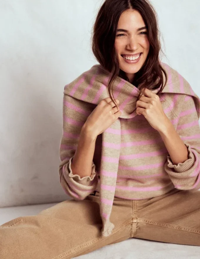 Fae Fair Isle Frilled Sweater Camel, Pink Stripe Fae Fair Isle Frilled Sweater Camel, Pink Stripe