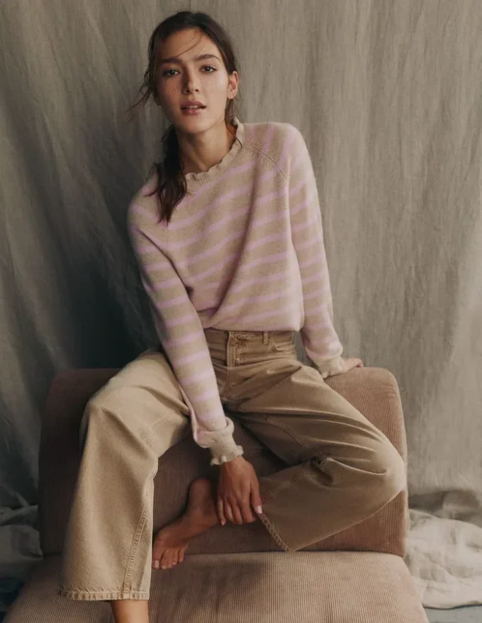 Fae Fair Isle Frilled Sweater Camel, Pink Stripe Fae Fair Isle Frilled Sweater Camel, Pink Stripe