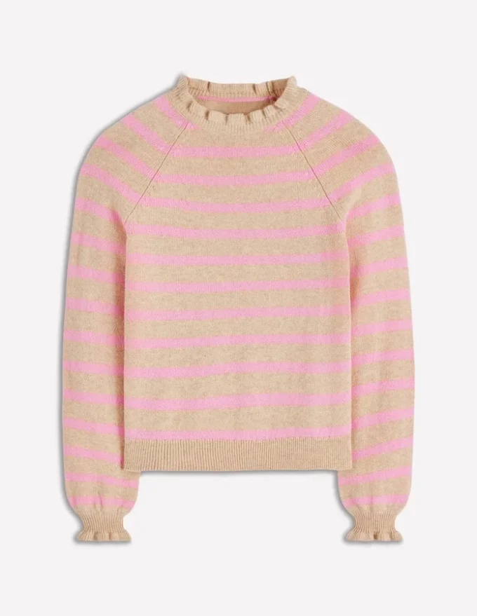 Fae Fair Isle Frilled Sweater Camel, Pink Stripe Fae Fair Isle Frilled Sweater Camel, Pink Stripe