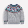 Fair Isle Jumper Grey Marl Skiing Penguins