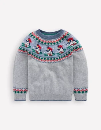 Fair Isle Jumper Grey Marl Skiing Penguins