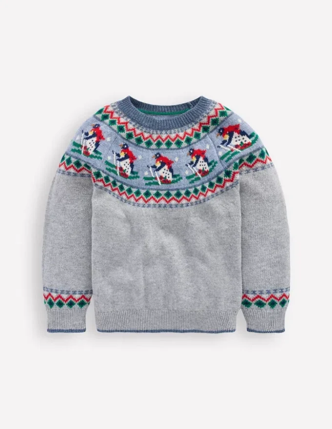 Fair Isle Jumper Grey Marl Skiing Penguins