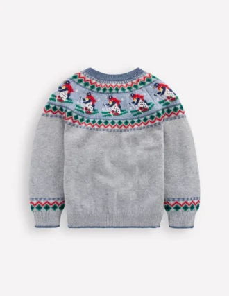 Fair Isle Jumper Grey Marl Skiing Penguins