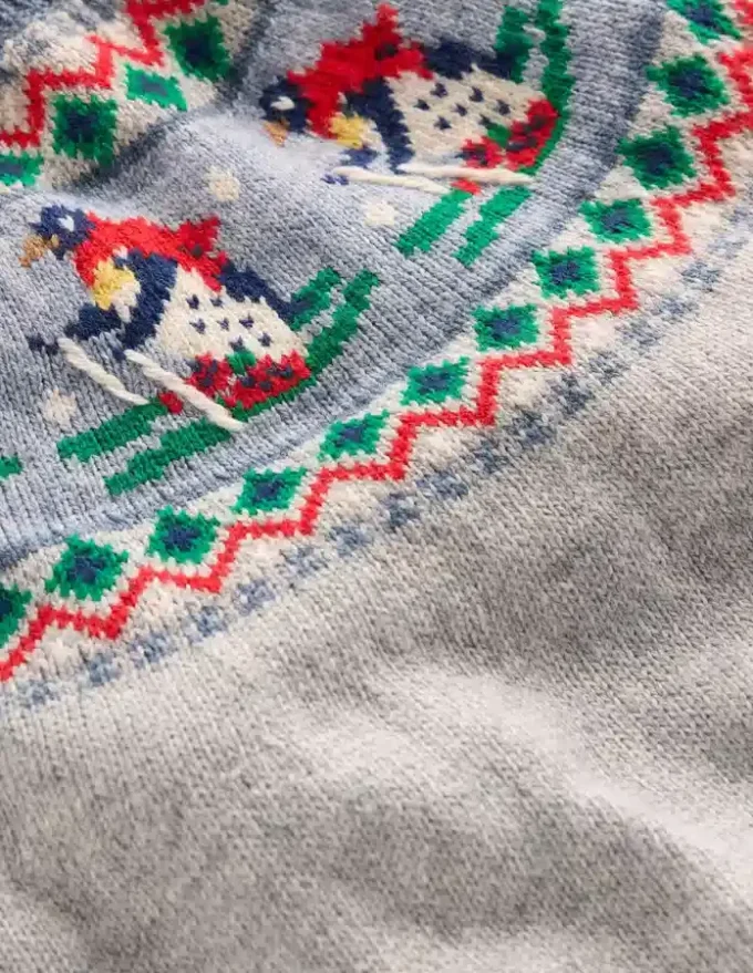Fair Isle Jumper Grey Marl Skiing Penguins