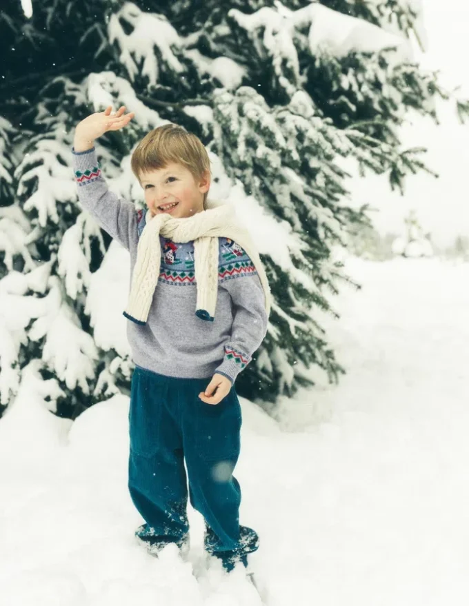 Fair Isle Jumper Grey Marl Skiing Penguins