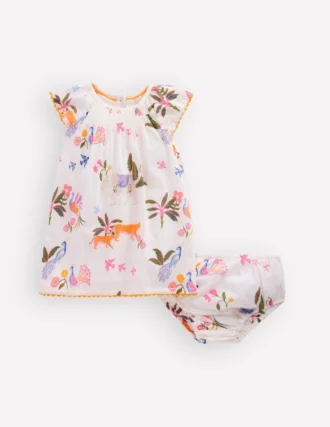 Floaty Shirred Dress Ivory Jungle Animals
