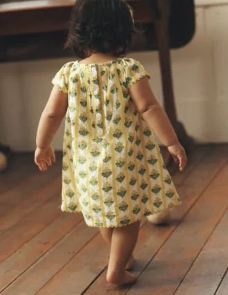 Floaty Shirred Dress Yellow Flower Stem