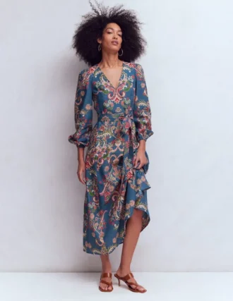 Florence Linen Blend Dress Blue, Enchanting Bouquet