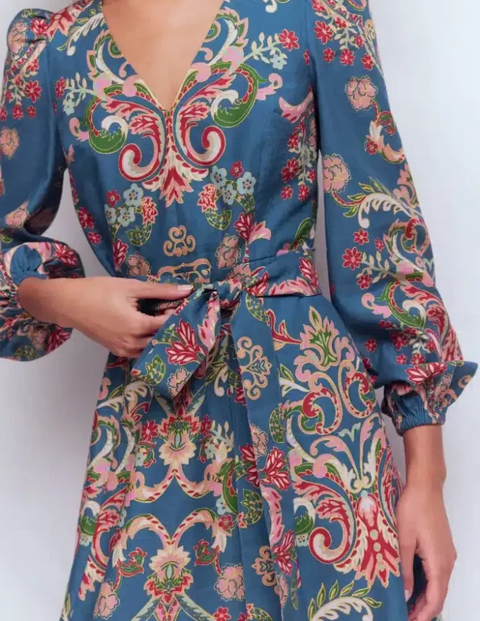 Florence Linen Blend Dress Blue, Enchanting Bouquet Florence Linen Blend Dress Blue, Enchanting Bouquet