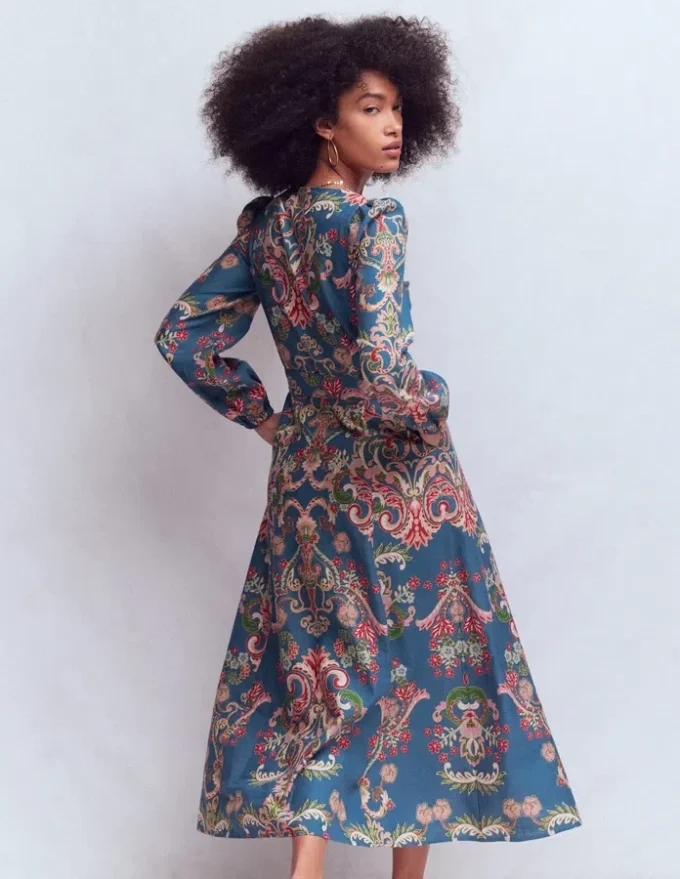 Florence Linen Blend Dress Blue, Enchanting Bouquet Florence Linen Blend Dress Blue, Enchanting Bouquet