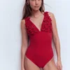Flower Appliqué Swimsuit Merida Red, Applique