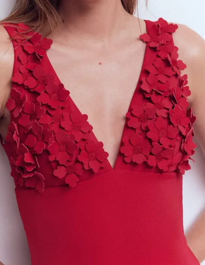 Flower Appliqué Swimsuit Merida Red, Applique