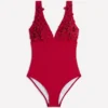 Flower Appliqué Swimsuit Merida Red, Applique